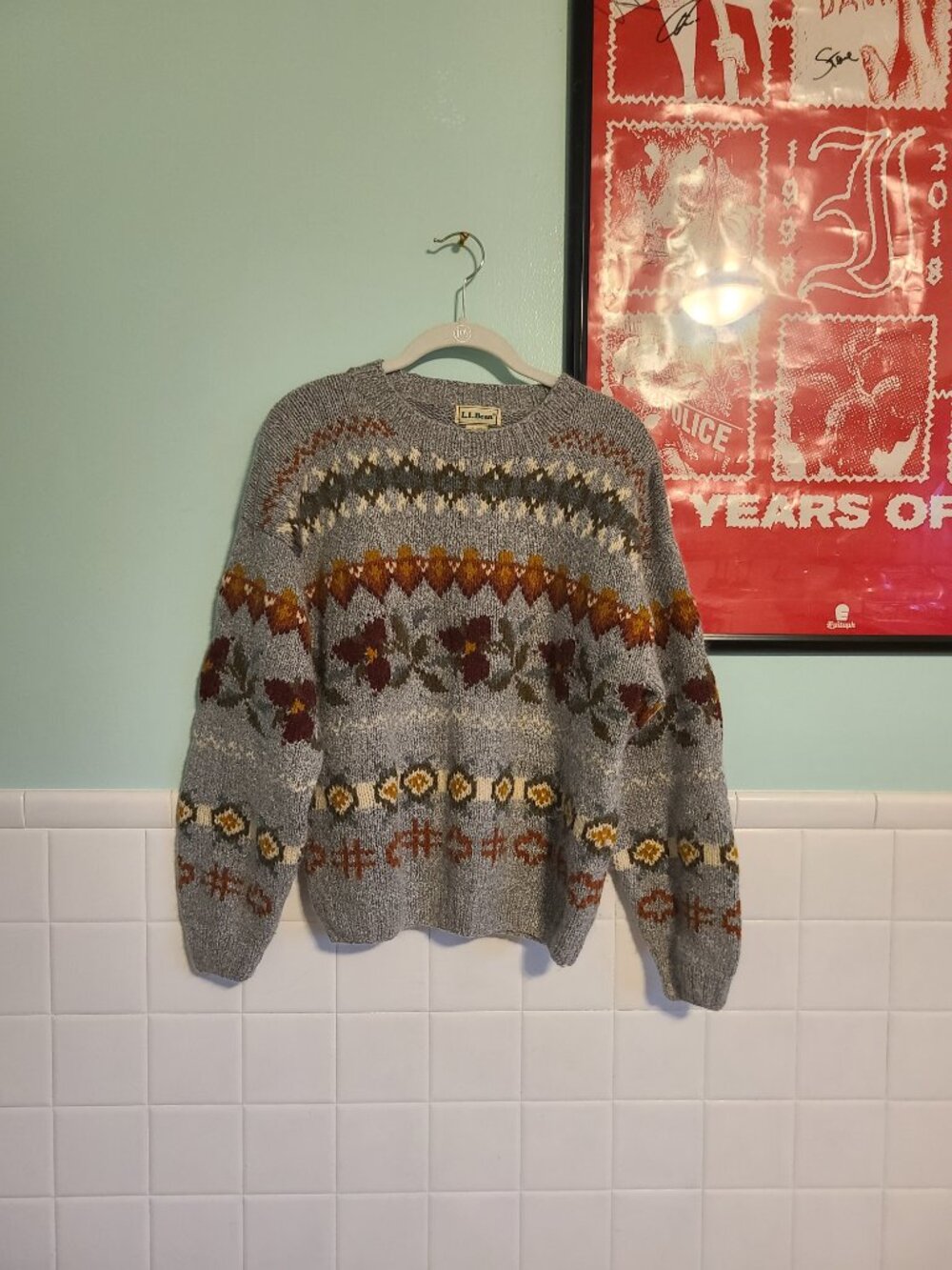 Vintage L. L. Bean Gray Coloful Fairy Isle Pullover Crew Neck Sweater Wool - Picture 10 of 11